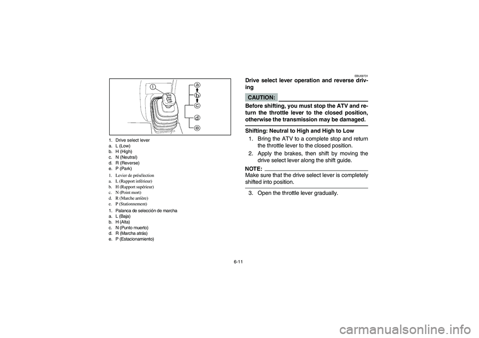 YAMAHA KODIAK 450 2006 Notices Demploi (in French) 6-11 1. Drive select lever
a. L (Low)
b. H (High)
c. N (Neutral)
d. R (Reverse)
e. P (Park)
1. Levier de présélection
a. L (Rapport inférieur)
b. H (Rapport supérieur)
c. N (Point mort)
d. R (Marc YAMAHA KODIAK 450 2006 Notices Demploi (in French) 6-11 1. Drive select lever
a. L (Low)
b. H (High)
c. N (Neutral)
d. R (Reverse)
e. P (Park)
1. Levier de présélection
a. L (Rapport inférieur)
b. H (Rapport supérieur)
c. N (Point mort)
d. R (Marc