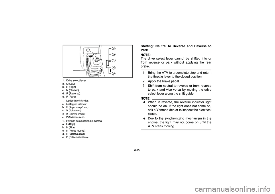 YAMAHA KODIAK 450 2006  Owners Manual 6-13 1. Drive select lever
a. L (Low)
b. H (High)
c. N (Neutral)
d. R (Reverse)
e. P (Park)
1. Levier de présélection
a. L (Rapport inférieur)
b. H (Rapport supérieur)
c. N (Point mort)
d. R (Marc