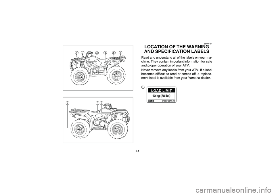 YAMAHA KODIAK 450 2006 Manuale de Empleo (in Spanish) 1-1
EBU00464
LOCATION OF THE WARNING
AND SPECIFICATION LABELSRead and understand all of the labels on your ma-
chine. They contain important information for safe
and proper operation of your ATV.
Nev YAMAHA KODIAK 450 2006 Manuale de Empleo (in Spanish) 1-1
EBU00464
LOCATION OF THE WARNING
AND SPECIFICATION LABELSRead and understand all of the labels on your ma-
chine. They contain important information for safe
and proper operation of your ATV.
Nev