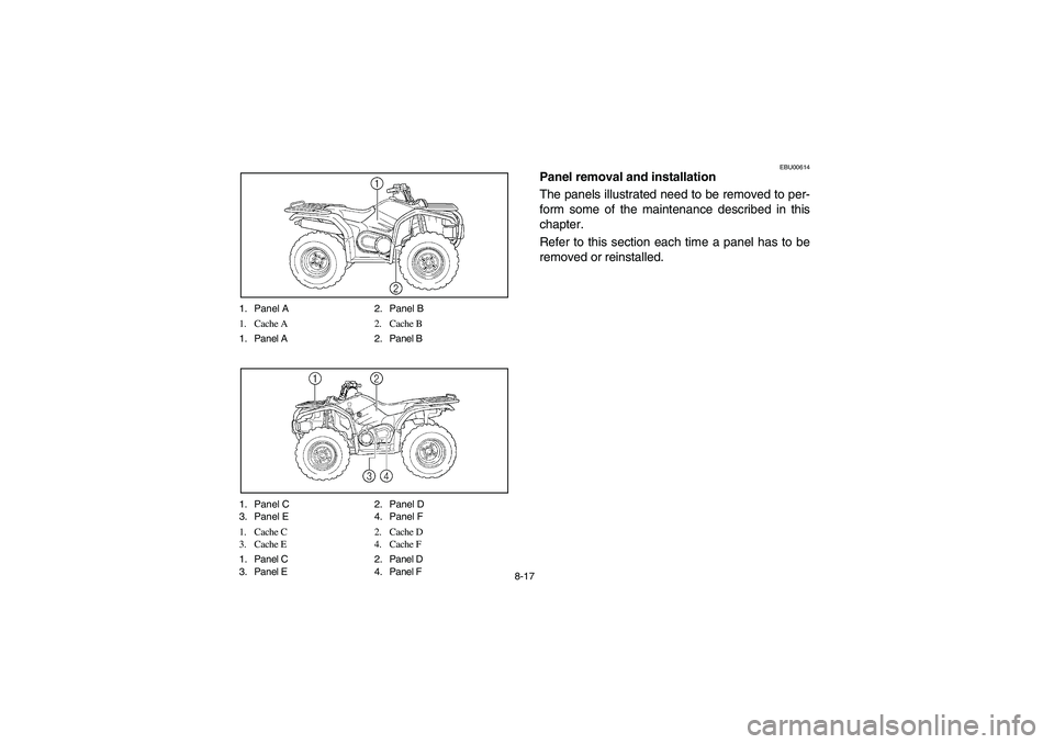 YAMAHA KODIAK 450 2006  Manuale de Empleo (in Spanish) 8-17 1. Panel A 2. Panel B
1. Cache A 2. Cache B
1. Panel A 2. Panel B
1. Panel C 2. Panel D
3. Panel E 4. Panel F
1. Cache C 2. Cache D
3. Cache E 4. Cache F
1. Panel C 2. Panel D
3. Panel E 4. Panel