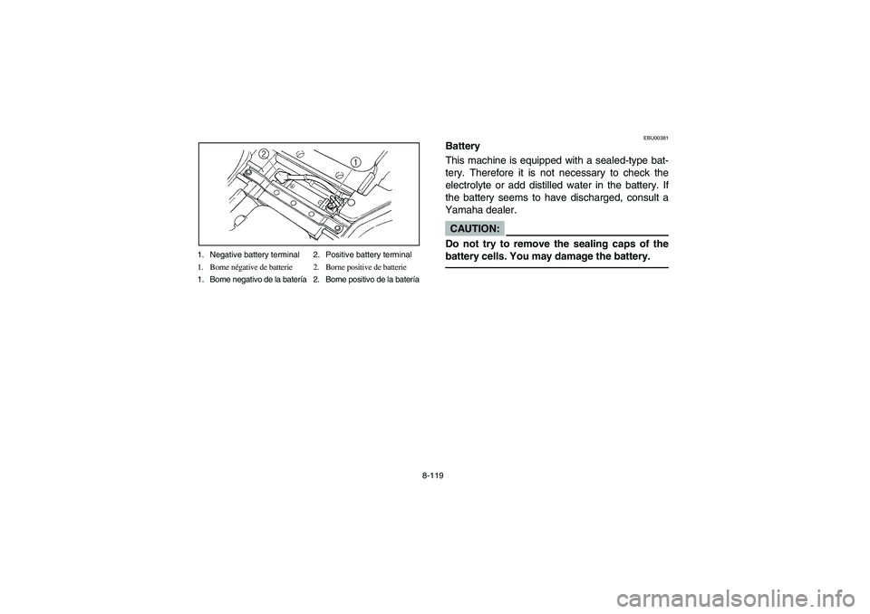 YAMAHA KODIAK 450 2006  Manuale de Empleo (in Spanish) 8-119 1. Negative battery terminal 2. Positive battery terminal
1. Borne négative de batterie 2. Borne positive de batterie
1. Borne negativo de la batería 2. Borne positivo de la batería
EBU00381
