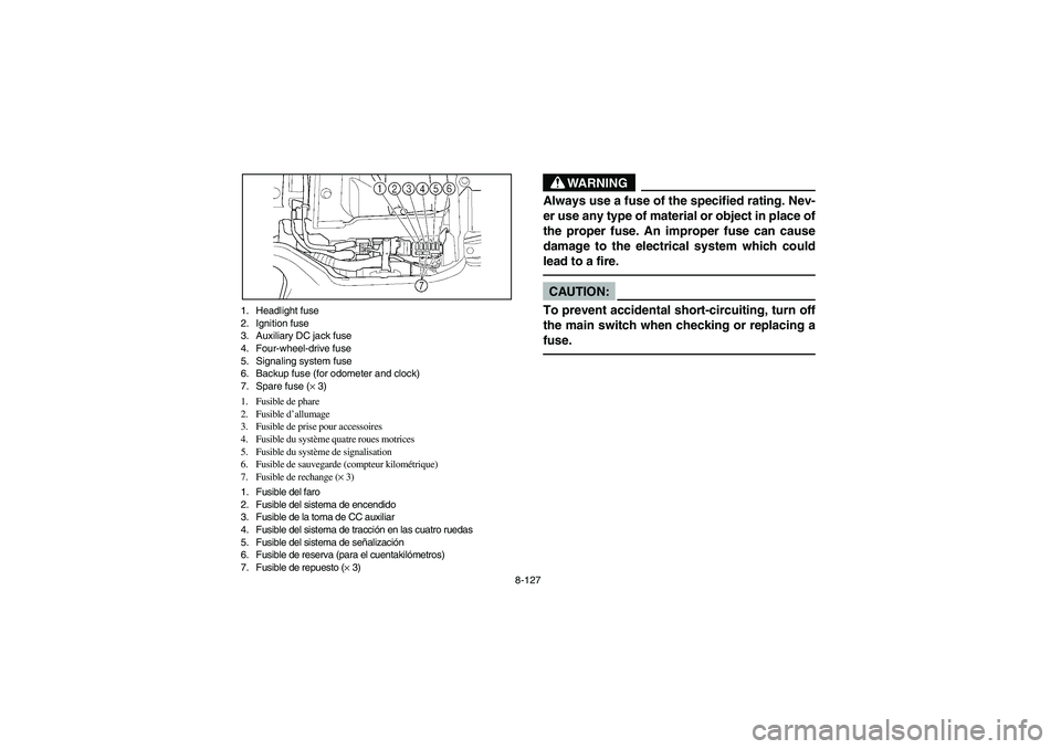 YAMAHA KODIAK 450 2006 Notices Demploi (in French) 8-127 1. Headlight fuse
2. Ignition fuse
3. Auxiliary DC jack fuse
4. Four-wheel-drive fuse
5. Signaling system fuse
6. Backup fuse (for odometer and clock)
7. Spare fuse (× 3)
1. Fusible de phare
2. YAMAHA KODIAK 450 2006 Notices Demploi (in French) 8-127 1. Headlight fuse
2. Ignition fuse
3. Auxiliary DC jack fuse
4. Four-wheel-drive fuse
5. Signaling system fuse
6. Backup fuse (for odometer and clock)
7. Spare fuse (× 3)
1. Fusible de phare
2.