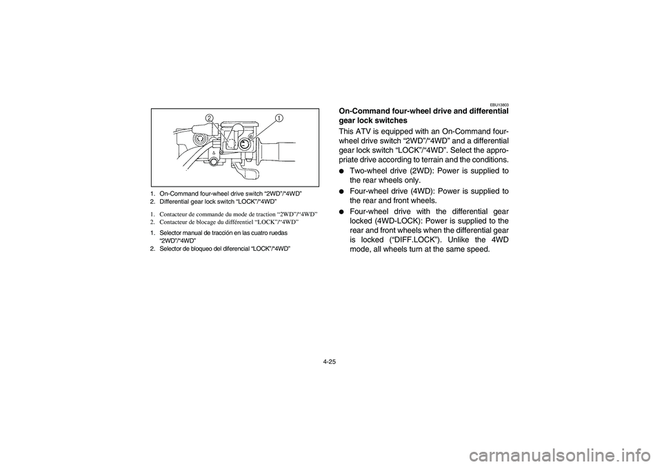 YAMAHA KODIAK 450 2006 Notices Demploi (in French) 4-25 1. On-Command four-wheel drive switch “2WD”/“4WD”
2. Differential gear lock switch “LOCK”/“4WD”
1. Contacteur de commande du mode de traction “2WD”/“4WD”
2. Contacteur de YAMAHA KODIAK 450 2006 Notices Demploi (in French) 4-25 1. On-Command four-wheel drive switch “2WD”/“4WD”
2. Differential gear lock switch “LOCK”/“4WD”
1. Contacteur de commande du mode de traction “2WD”/“4WD”
2. Contacteur de
