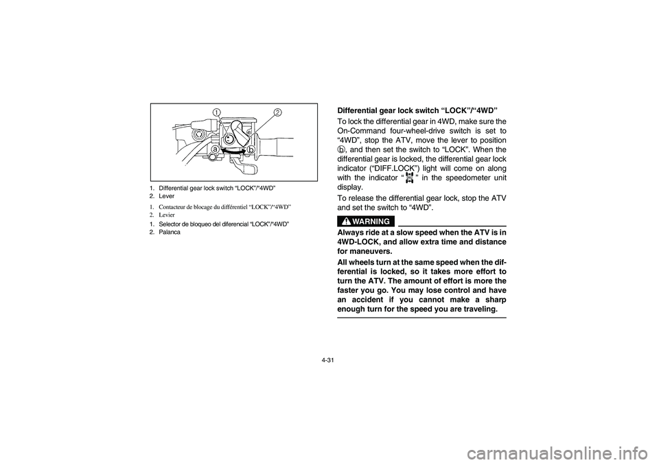 YAMAHA KODIAK 450 2006 Notices Demploi (in French) 4-31 1. Differential gear lock switch “LOCK”/“4WD”
2. Lever
1. Contacteur de blocage du différentiel “LOCK”/“4WD”
2. Levier
1. Selector de bloqueo del diferencial “LOCK”/“4WD” YAMAHA KODIAK 450 2006 Notices Demploi (in French) 4-31 1. Differential gear lock switch “LOCK”/“4WD”
2. Lever
1. Contacteur de blocage du différentiel “LOCK”/“4WD”
2. Levier
1. Selector de bloqueo del diferencial “LOCK”/“4WD”