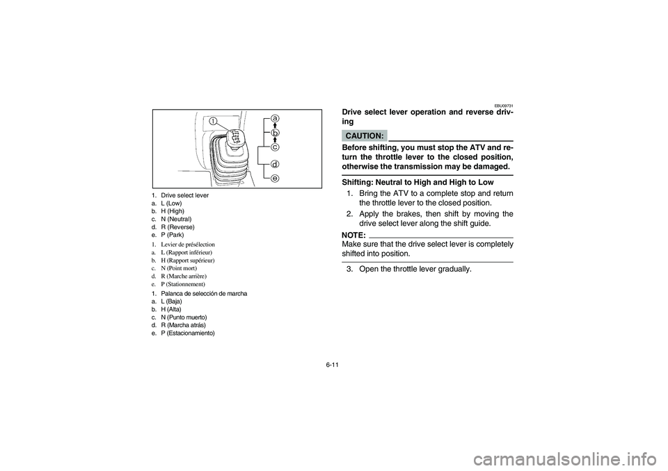 YAMAHA KODIAK 450 2005  Manuale de Empleo (in Spanish) 6-11 1. Drive select lever
a. L (Low)
b. H (High)
c. N (Neutral)
d. R (Reverse)
e. P (Park)
1. Levier de présélection
a. L (Rapport inférieur)
b. H (Rapport supérieur)
c. N (Point mort)
d. R (Marc