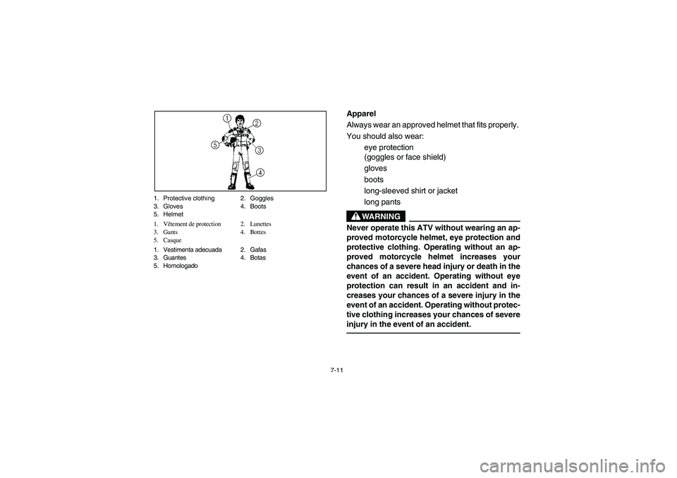 YAMAHA KODIAK 450 2005  Owners Manual 7-11 1. Protective clothing 2. Goggles
3. Gloves 4. Boots
5. Helmet
1. Vêtement de protection 2. Lunettes
3. Gants 4. Bottes
5. Casque
1. Vestimenta adecuada 2. Gafas
3. Guantes 4. Botas
5. Homologad