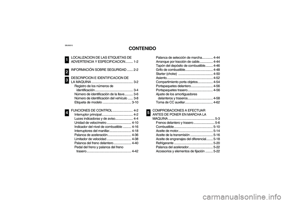 YAMAHA KODIAK 450 2005  Owners Manual SBU00015
CONTENIDO
LOCALIZACION DE LAS ETIQUETAS DE 
ADVERTENCIA Y ESPECIFICACION......... 1-2
INFORMACIÓN SOBRE SEGURIDAD ....... 2-2
DESCRIPCION E IDENTIFICACION DE 
LA MAQUINA ....................