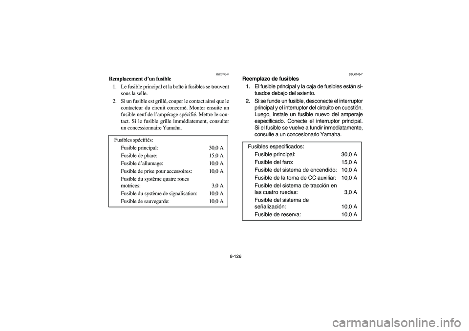 YAMAHA KODIAK 450 2005 Owners Manual 8-126
FBU07454*
Remplacement d’un fusible
1. Le fusible principal et la boîte à fusibles se trouvent
sous la selle.
2. Si un fusible est grillé, couper le contact ainsi que le
contacteur du circu YAMAHA KODIAK 450 2005 Owners Manual 8-126
FBU07454*
Remplacement d’un fusible
1. Le fusible principal et la boîte à fusibles se trouvent
sous la selle.
2. Si un fusible est grillé, couper le contact ainsi que le
contacteur du circu