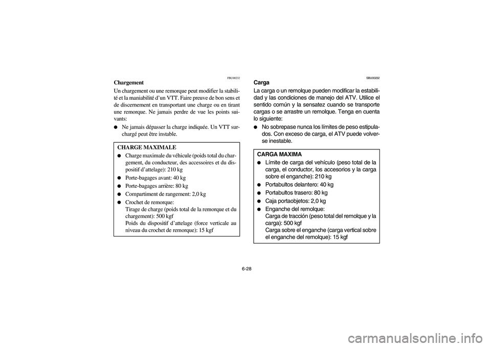 YAMAHA KODIAK 450 2004  Manuale de Empleo (in Spanish) 6-28
FBU00232
Chargement
Un chargement ou une remorque peut modifier la stabili-
té et la maniabilité d’un VTT. Faire preuve de bon sens et
de discernement en transportant une charge ou en tirant

