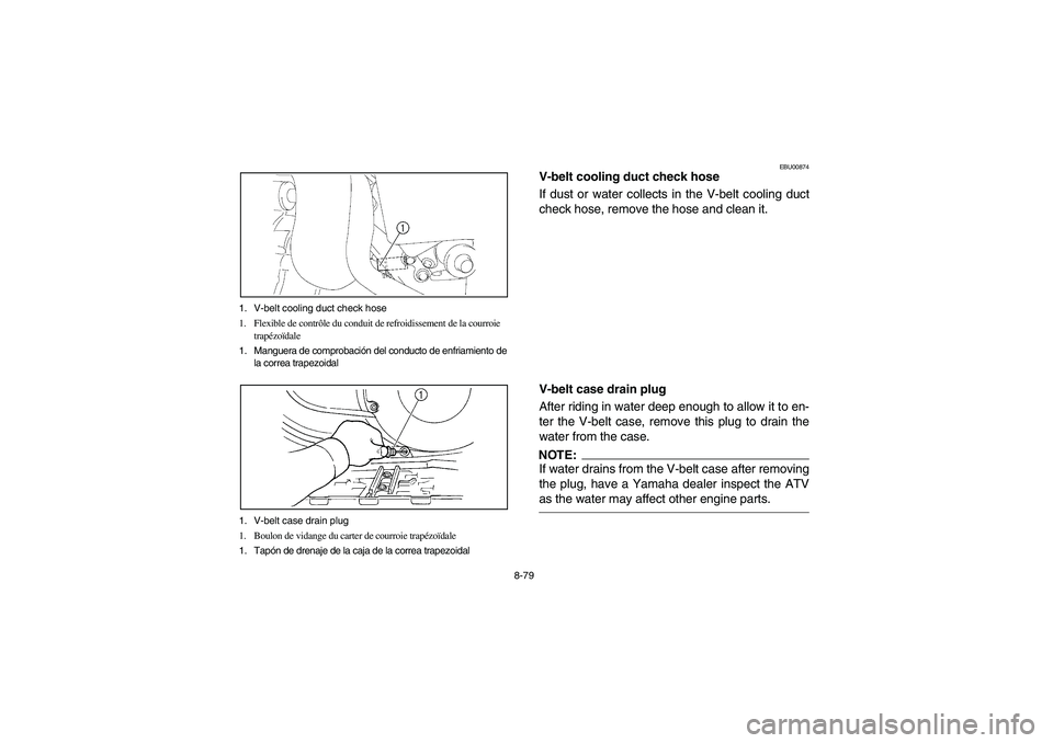 YAMAHA KODIAK 450 2004  Manuale de Empleo (in Spanish) 8-79 1. V-belt cooling duct check hose 
1. Flexible de contrôle du conduit de refroidissement de la courroie 
trapézoïdale
1. Manguera de comprobación del conducto de enfriamiento de 
la correa tr