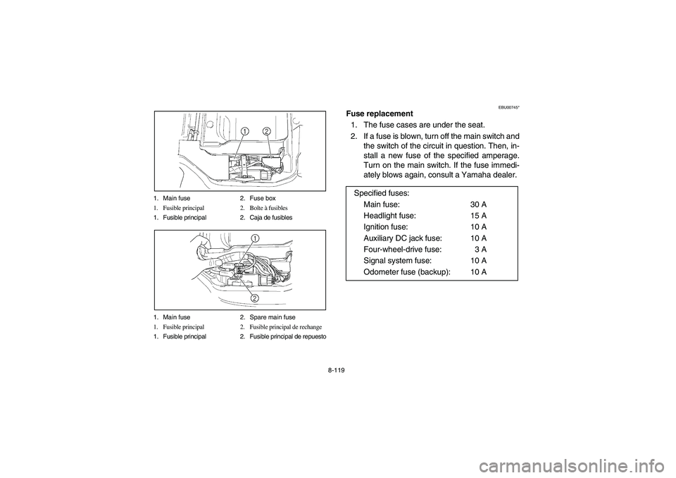 YAMAHA KODIAK 450 2004 Manuale de Empleo (in Spanish) 8-119 1. Main fuse 2. Fuse box
1. Fusible principal 2. Boîte à fusibles
1. Fusible principal 2. Caja de fusibles
1. Main fuse 2. Spare main fuse
1. Fusible principal 2. Fusible principal de rechange YAMAHA KODIAK 450 2004 Manuale de Empleo (in Spanish) 8-119 1. Main fuse 2. Fuse box
1. Fusible principal 2. Boîte à fusibles
1. Fusible principal 2. Caja de fusibles
1. Main fuse 2. Spare main fuse
1. Fusible principal 2. Fusible principal de rechange
