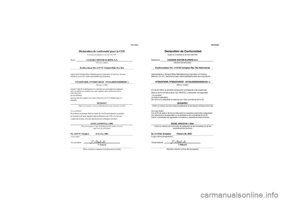 YAMAHA KODIAK 450 2004  Manuale de Empleo (in Spanish) FBU00000
SBU00000
U5ND60.book  Page 3  Friday, May 10, 2002  12:10 PM 