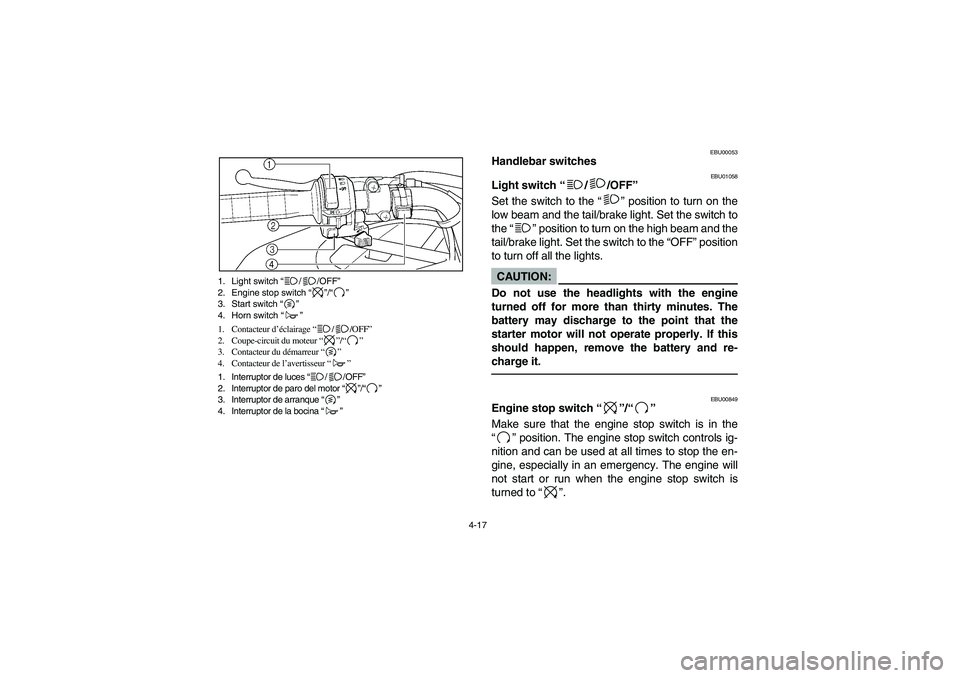 YAMAHA KODIAK 450 2004  Manuale de Empleo (in Spanish) 4-17 1. Light switch “//OFF”
2. Engine stop switch “”/“”
3. Start switch “”
4. Horn switch “”
1. Contacteur d’éclairage “//OFF”
2. Coupe-circuit du moteur “”/“”
3. C
