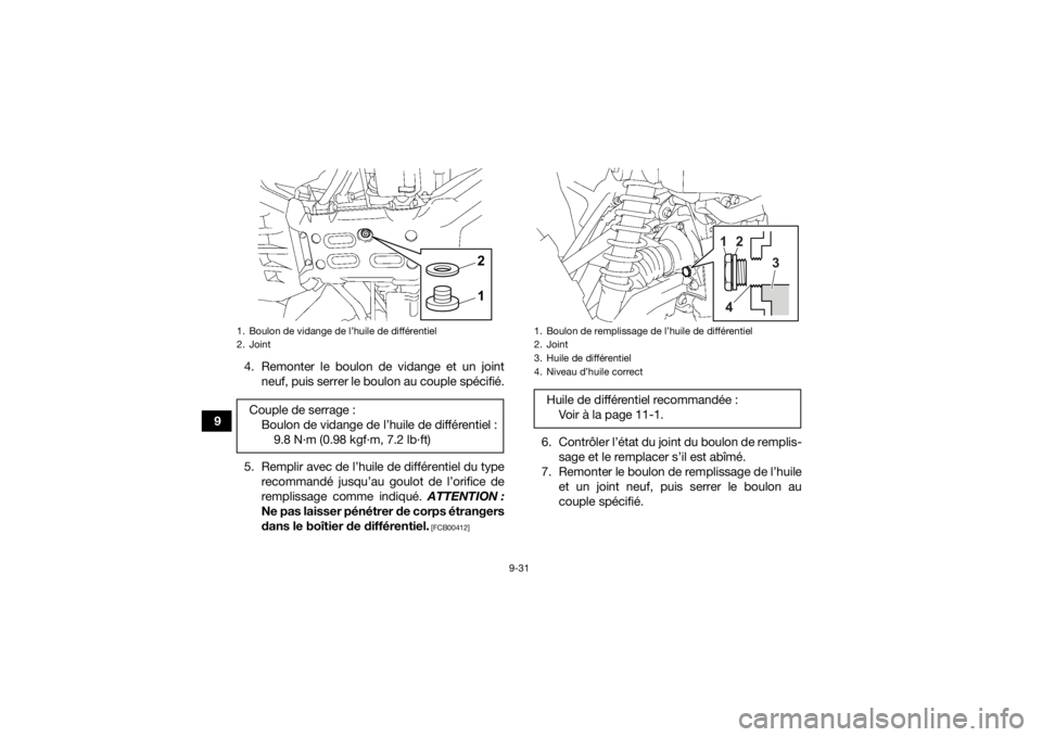 YAMAHA KODIAK 700 2022 Notices Demploi (in French) 9-31
94. Remonter le boulon de vidange et un joint
neuf, puis serrer le boulon au couple spécifié.
5. Remplir avec de l’huile de différentiel du type recommandé jusqu’au goulot de l’orifice YAMAHA KODIAK 700 2022 Notices Demploi (in French) 9-31
94. Remonter le boulon de vidange et un joint
neuf, puis serrer le boulon au couple spécifié.
5. Remplir avec de l’huile de différentiel du type recommandé jusqu’au goulot de l’orifice