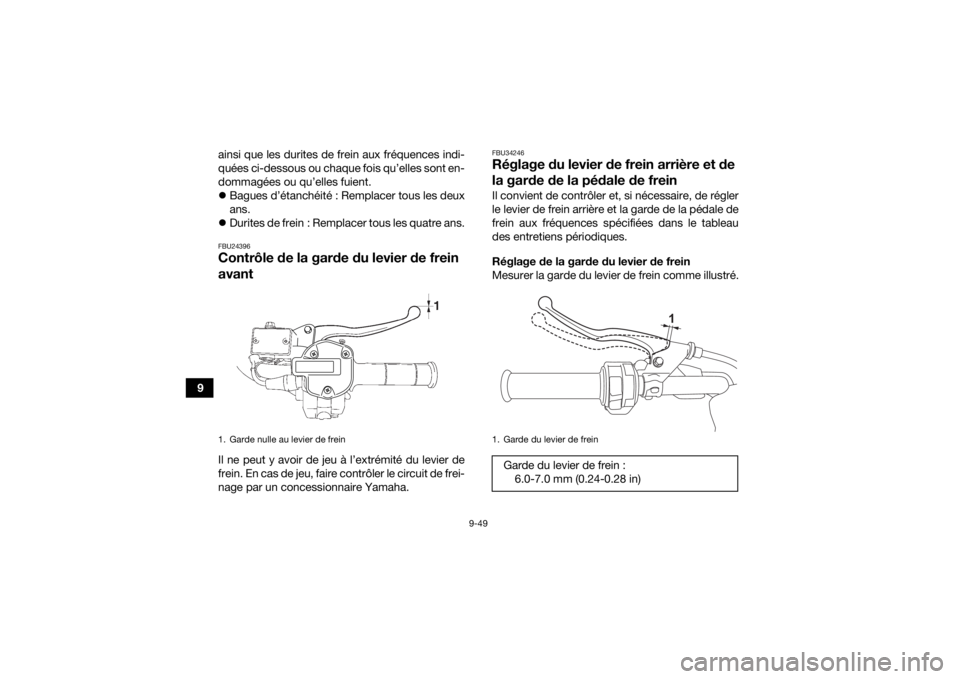 YAMAHA KODIAK 700 2022 Notices Demploi (in French) 9-49
9ainsi que les durites de frein aux fréquences indi-
quées ci-dessous ou chaque fois qu’elles sont en-
dommagées ou qu’elles fuient.
Bagues d’étanchéité : Remplacer tous les deux
YAMAHA KODIAK 700 2022 Notices Demploi (in French) 9-49
9ainsi que les durites de frein aux fréquences indi-
quées ci-dessous ou chaque fois qu’elles sont en-
dommagées ou qu’elles fuient.
Bagues d’étanchéité : Remplacer tous les deux