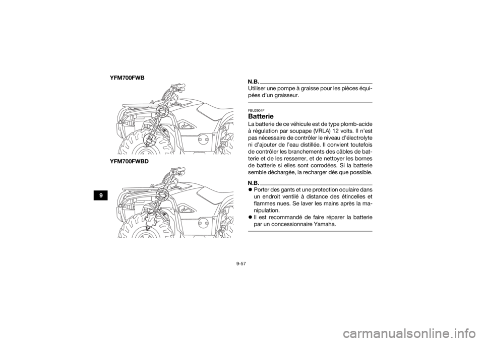 YAMAHA KODIAK 700 2022 Notices Demploi (in French) 9-57
9YFM700FWB
YFM700FWBD
N.B.Utiliser une pompe à graisse pour les pièces équi-
pées d’un graisseur. FBU2904FBatterieLa batterie de ce véhicule est de type plomb-acide
à régulation par soup YAMAHA KODIAK 700 2022 Notices Demploi (in French) 9-57
9YFM700FWB
YFM700FWBD
N.B.Utiliser une pompe à graisse pour les pièces équi-
pées d’un graisseur. FBU2904FBatterieLa batterie de ce véhicule est de type plomb-acide
à régulation par soup