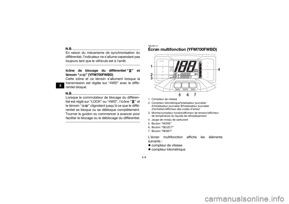 YAMAHA KODIAK 700 2022 Notices Demploi (in French) 5-6
5
N.B.En raison du mécanisme de synchronisation du
différentiel, l’indicateur ne s’allume cependant pas
toujours tant que le véhicule est à l’arrêt. Icône de blocage du différentiel YAMAHA KODIAK 700 2022 Notices Demploi (in French) 5-6
5
N.B.En raison du mécanisme de synchronisation du
différentiel, l’indicateur ne s’allume cependant pas
toujours tant que le véhicule est à l’arrêt. Icône de blocage du différentiel