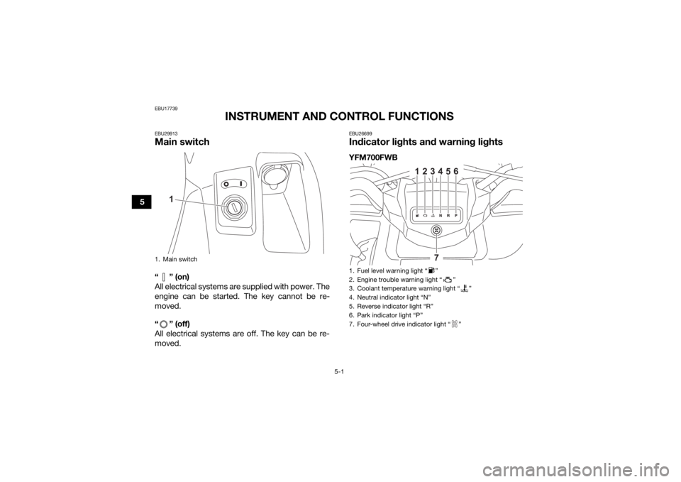 YAMAHA KODIAK 700 2021 Owners Manual 5-1
5
EBU17739
INSTRUMENT AND CONTROL FUNCTIONS
EBU29913Main switch“” (on)
All electrical systems are supplied with power. The
engine can be started. The key cannot be re-
moved.
“ ” (off)
All YAMAHA KODIAK 700 2021 Owners Manual 5-1
5
EBU17739
INSTRUMENT AND CONTROL FUNCTIONS
EBU29913Main switch“” (on)
All electrical systems are supplied with power. The
engine can be started. The key cannot be re-
moved.
“ ” (off)
All