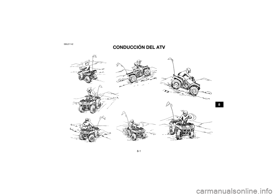 YAMAHA KODIAK 700 2021 Manuale de Empleo (in Spanish) 8-1
8
SBU21142
CONDUCCIÓN DEL ATV
UB5K63S0.book Page 1 Monday, October 12, 2020 9:36 AM YAMAHA KODIAK 700 2021 Manuale de Empleo (in Spanish) 8-1
8
SBU21142
CONDUCCIÓN DEL ATV
UB5K63S0.book Page 1 Monday, October 12, 2020 9:36 AM