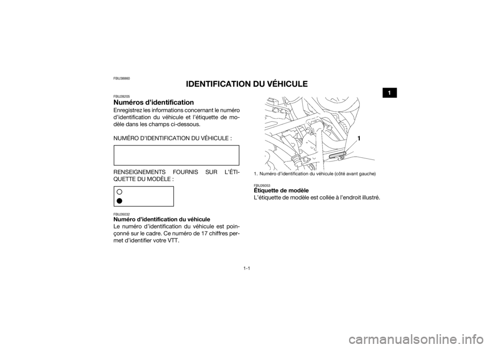 YAMAHA KODIAK 700 2021  Notices Demploi (in French) 1-1
1
FBU38860
IDENTIFICATION DU VÉHICULE
FBU28205Numéros d’identificationEnregistrez les informations concernant le numéro
d’identification du véhicule et l’étiquette de mo-
dèle dans les