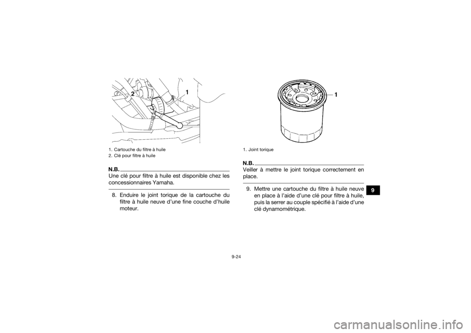 YAMAHA KODIAK 700 2021 Notices Demploi (in French) 9-24
9
N.B.Une clé pour filtre à huile est disponible chez les
concessionnaires Yamaha. 8. Enduire le joint torique de la cartouche dufiltre à huile neuve d’une fine couche d’huile
moteur.
N.B. YAMAHA KODIAK 700 2021 Notices Demploi (in French) 9-24
9
N.B.Une clé pour filtre à huile est disponible chez les
concessionnaires Yamaha. 8. Enduire le joint torique de la cartouche dufiltre à huile neuve d’une fine couche d’huile
moteur.
N.B.