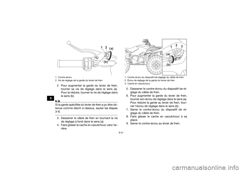 YAMAHA KODIAK 700 2021 Notices Demploi (in French) 9-51
92. Pour augmenter la garde du levier de frein,
tourner sa vis de réglage dans le sens (a).
Pour la réduire, tourner la vis de réglage dans
le sens (b).
N.B.Si la garde spécifiée du levier d YAMAHA KODIAK 700 2021 Notices Demploi (in French) 9-51
92. Pour augmenter la garde du levier de frein,
tourner sa vis de réglage dans le sens (a).
Pour la réduire, tourner la vis de réglage dans
le sens (b).
N.B.Si la garde spécifiée du levier d