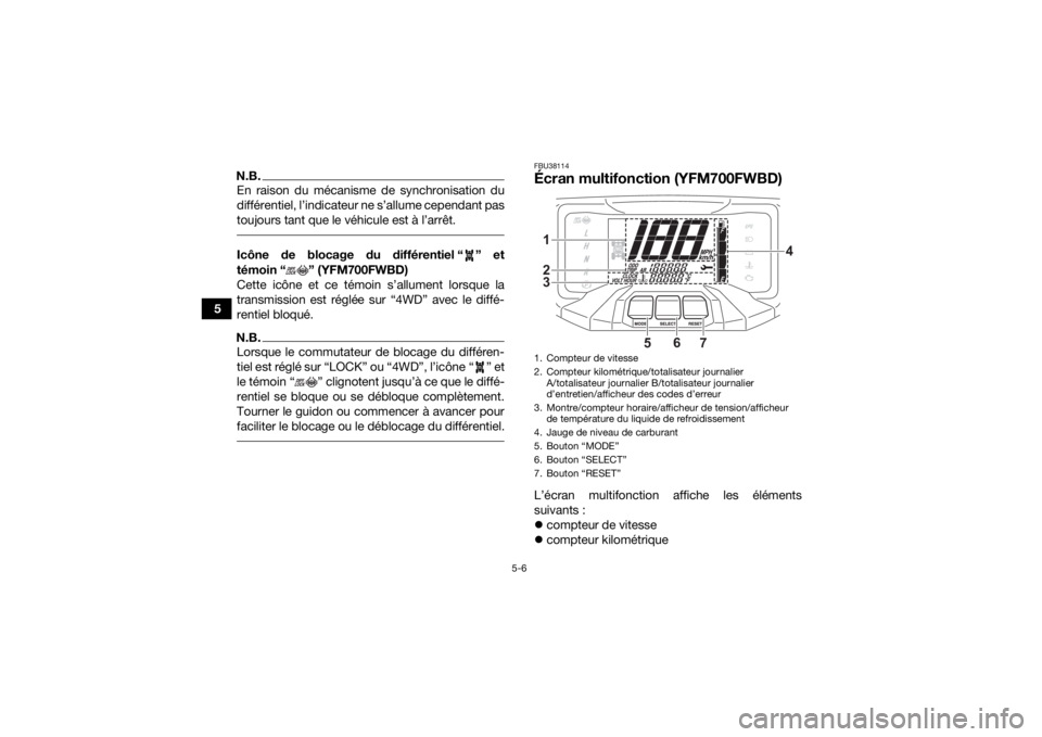 YAMAHA KODIAK 700 2021  Notices Demploi (in French) 5-6
5
N.B.En raison du mécanisme de synchronisation du
différentiel, l’indicateur ne s’allume cependant pas
toujours tant que le véhicule est à l’arrêt. Icône de blocage du différentiel �