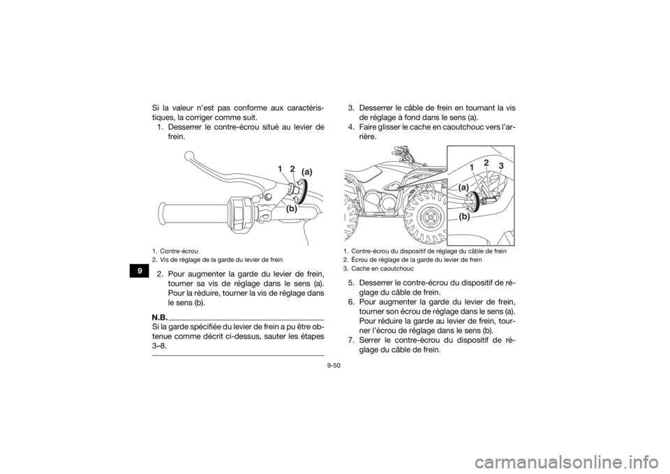 YAMAHA KODIAK 700 2020 Notices Demploi (in French) 9-50
9Si la valeur n’est pas conforme aux caractéris-
tiques, la corriger comme suit.
1. Desserrer le contre-écrou situé au levier de frein.
2. Pour augmenter la garde du levier de frein, tourner YAMAHA KODIAK 700 2020 Notices Demploi (in French) 9-50
9Si la valeur n’est pas conforme aux caractéris-
tiques, la corriger comme suit.
1. Desserrer le contre-écrou situé au levier de frein.
2. Pour augmenter la garde du levier de frein, tourner