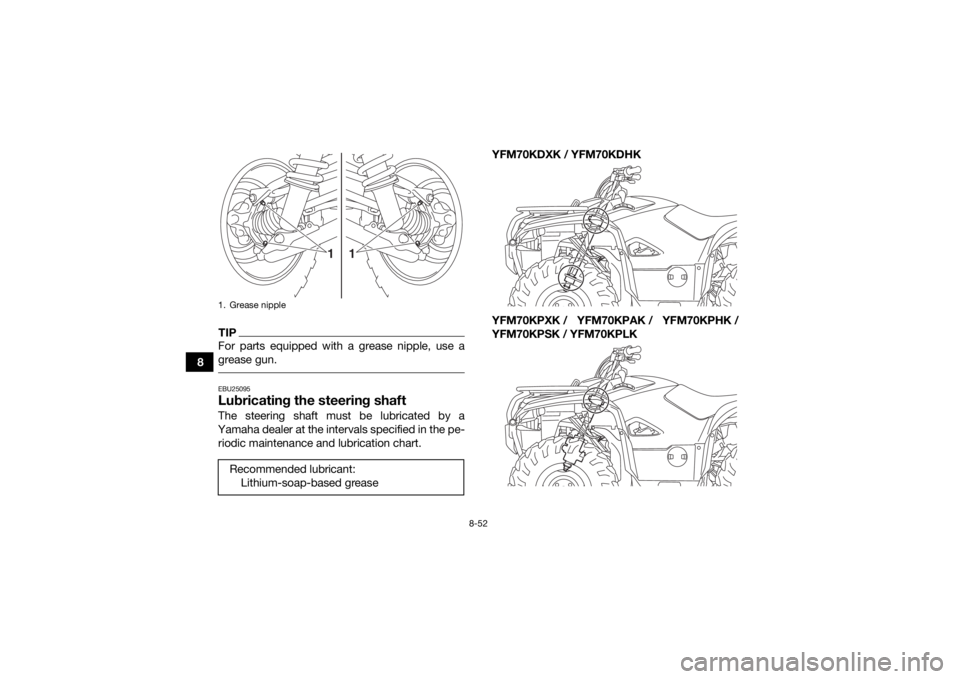 YAMAHA KODIAK 700 2019 Owners Manual 8-52
8
TIPFor parts equipped with a grease nipple, use a
grease gun. EBU25095Lubricating the steering shaftThe steering shaft must be lubricated by a
Yamaha dealer at the intervals specified in the pe YAMAHA KODIAK 700 2019 Owners Manual 8-52
8
TIPFor parts equipped with a grease nipple, use a
grease gun. EBU25095Lubricating the steering shaftThe steering shaft must be lubricated by a
Yamaha dealer at the intervals specified in the pe