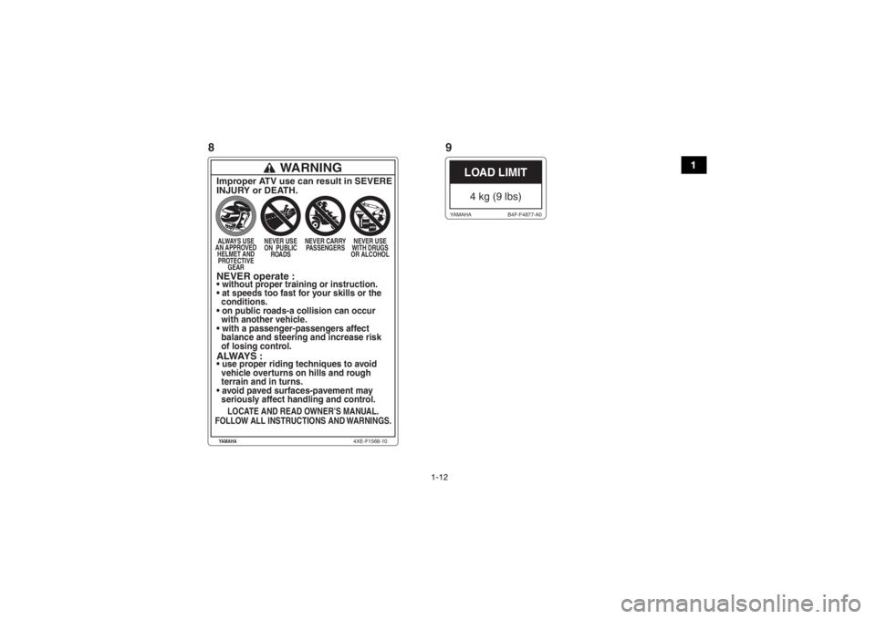 YAMAHA KODIAK 700 2019 Manuale de Empleo (in Spanish) 1-12
1
WARNING
Improper ATV use can result in SEVERE
INJURY or DEATH.ALWAYS USE
AN APPROVED HELMET ANDPROTECTIVE GEAR NEVER USE
ON PUBLIC ROADS NEVER CARRY
PASSENGERS NEVER USE
WITH DRUGS
OR ALCOHOLN YAMAHA KODIAK 700 2019 Manuale de Empleo (in Spanish) 1-12
1
WARNING
Improper ATV use can result in SEVERE
INJURY or DEATH.ALWAYS USE
AN APPROVED HELMET ANDPROTECTIVE GEAR NEVER USE
ON PUBLIC ROADS NEVER CARRY
PASSENGERS NEVER USE
WITH DRUGS
OR ALCOHOLN