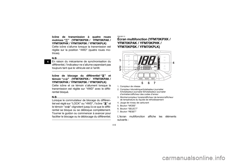 YAMAHA KODIAK 700 2019 Notices Demploi (in French) 4-6
4Icône de transmission à quatre roues
motrices “ ” (YFM70KPXK / YFM70KPAK /
YFM70KPHK / YFM70KPSK / YFM70KPLK)
Cette icône s’allume lorsque la transmission est
réglée sur la position YAMAHA KODIAK 700 2019 Notices Demploi (in French) 4-6
4Icône de transmission à quatre roues
motrices “ ” (YFM70KPXK / YFM70KPAK /
YFM70KPHK / YFM70KPSK / YFM70KPLK)
Cette icône s’allume lorsque la transmission est
réglée sur la position
