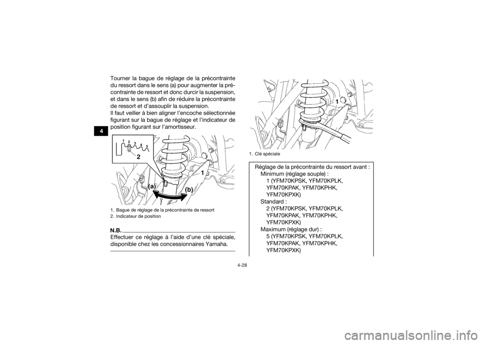 YAMAHA KODIAK 700 2019 Notices Demploi (in French) 4-28
4Tourner la bague de réglage de la précontrainte
du ressort dans le sens (a) pour augmenter la pré-
contrainte de ressort et donc durcir la suspension,
et dans le sens (b) afin de réduire la YAMAHA KODIAK 700 2019 Notices Demploi (in French) 4-28
4Tourner la bague de réglage de la précontrainte
du ressort dans le sens (a) pour augmenter la pré-
contrainte de ressort et donc durcir la suspension,
et dans le sens (b) afin de réduire la