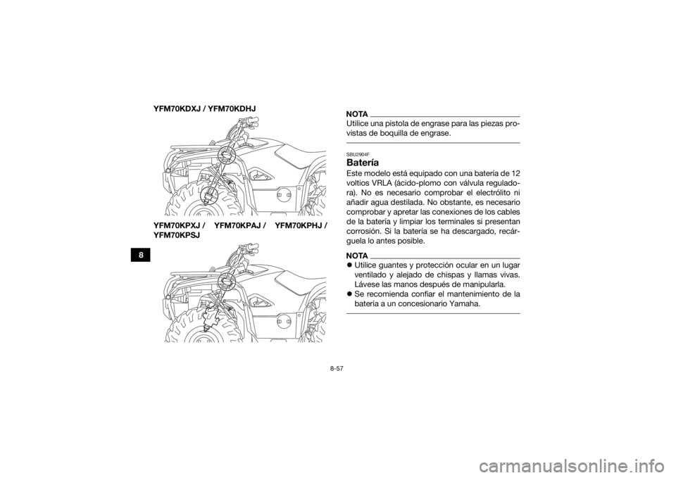 YAMAHA KODIAK 700 2018  Manuale de Empleo (in Spanish) 8-57
8YFM70KDXJ / YFM70KDHJ
YFM70KPXJ / YFM70KPAJ / YFM70KPHJ /
YFM70KPSJ
NOTAUtilice una pistola de engrase para las piezas pro-
vistas de boquilla de engrase. SBU2904FBateríaEste modelo está equip
