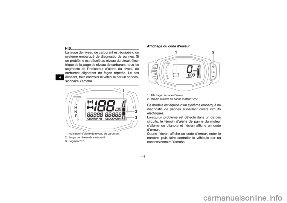 YAMAHA KODIAK 700 2018 Notices Demploi (in French) 4-8
4
N.B.La jauge de niveau de carburant est équipée d’un
système embarqué de diagnostic de pannes. Si
un problème est décelé au niveau du circuit élec-
trique de la jauge de niveau de carb YAMAHA KODIAK 700 2018 Notices Demploi (in French) 4-8
4
N.B.La jauge de niveau de carburant est équipée d’un
système embarqué de diagnostic de pannes. Si
un problème est décelé au niveau du circuit élec-
trique de la jauge de niveau de carb