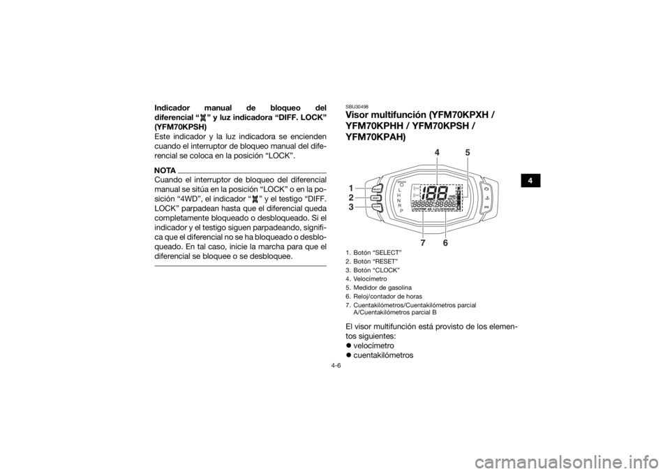 YAMAHA KODIAK 700 2017 Manuale de Empleo (in Spanish) 4-6
4
Indicador manual de bloqueo del
diferencial “ ” y luz indicadora “DIFF. LOCK”
(YFM70KPSH)
Este indicador y la luz indicadora se encienden
cuando el interruptor de bloqueo manual del dife YAMAHA KODIAK 700 2017 Manuale de Empleo (in Spanish) 4-6
4
Indicador manual de bloqueo del
diferencial “ ” y luz indicadora “DIFF. LOCK”
(YFM70KPSH)
Este indicador y la luz indicadora se encienden
cuando el interruptor de bloqueo manual del dife