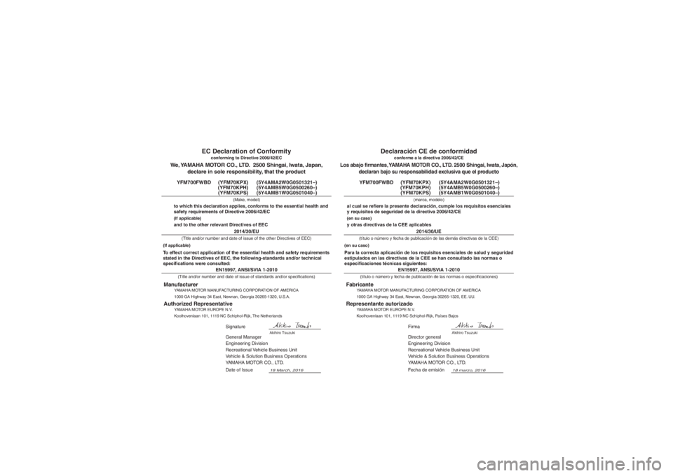 YAMAHA KODIAK 700 2017 Manuale de Empleo (in Spanish) EN15997, ANSI/SVIA 1-2010
Director general
Engineering Division
Recreational Vehicle Business Unit
Vehicle & Solution Business Operations
YAMAHA MOTOR CO., LTD.
18 marzo
, 2016
Los abajo firmantes, Y YAMAHA KODIAK 700 2017 Manuale de Empleo (in Spanish) EN15997, ANSI/SVIA 1-2010
Director general
Engineering Division
Recreational Vehicle Business Unit
Vehicle & Solution Business Operations
YAMAHA MOTOR CO., LTD.
18 marzo
, 2016
Los abajo firmantes, Y