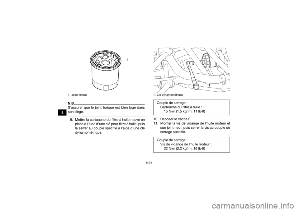 YAMAHA KODIAK 700 2017 Notices Demploi (in French) 8-24
8
N.B.S’assurer que le joint torique est bien logé dans
son siège. 9. Mettre la cartouche du filtre à huile neuve enplace à l’aide d’une clé pour filtre à huile, puis
la serrer au cou YAMAHA KODIAK 700 2017 Notices Demploi (in French) 8-24
8
N.B.S’assurer que le joint torique est bien logé dans
son siège. 9. Mettre la cartouche du filtre à huile neuve enplace à l’aide d’une clé pour filtre à huile, puis
la serrer au cou