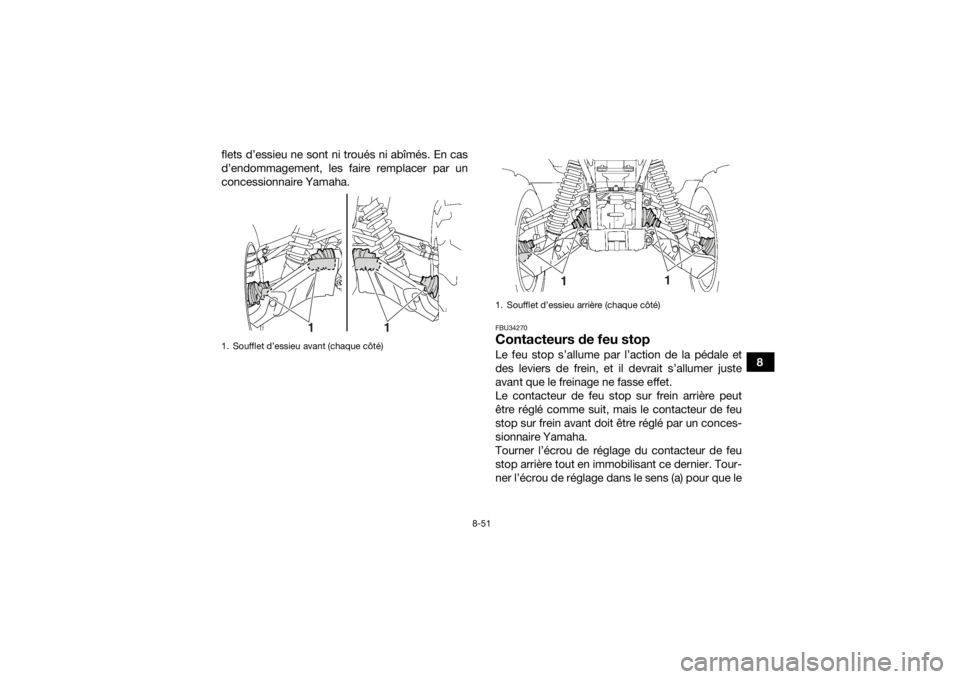 YAMAHA KODIAK 700 2017 Notices Demploi (in French) 8-51
8
flets d’essieu ne sont ni troués ni abîmés. En cas
d’endommagement, les faire remplacer par un
concessionnaire Yamaha.
FBU34270Contacteurs de feu stopLe feu stop s’allume par l’actio YAMAHA KODIAK 700 2017 Notices Demploi (in French) 8-51
8
flets d’essieu ne sont ni troués ni abîmés. En cas
d’endommagement, les faire remplacer par un
concessionnaire Yamaha.
FBU34270Contacteurs de feu stopLe feu stop s’allume par l’actio