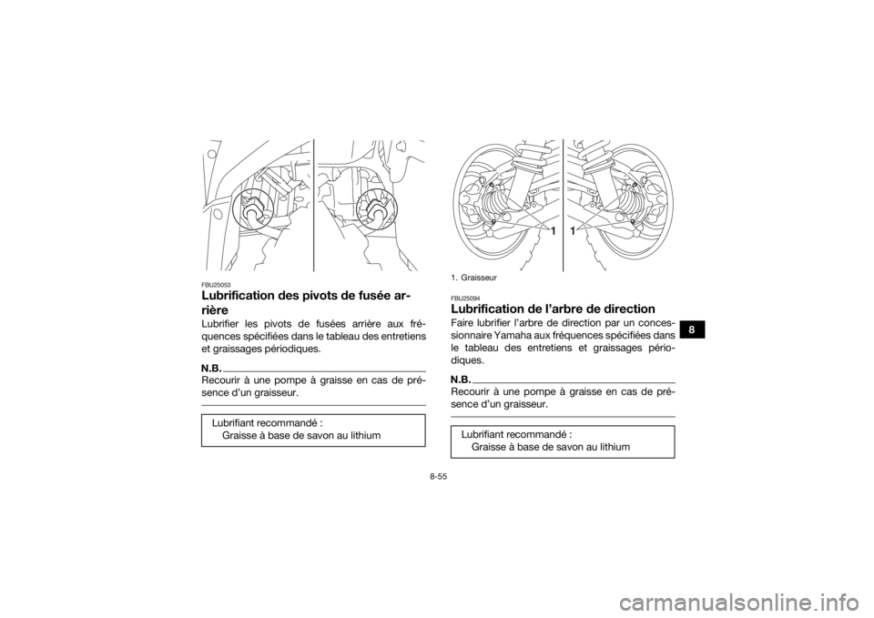YAMAHA KODIAK 700 2017 Notices Demploi (in French) 8-55
8
FBU25053Lubrification des pivots de fusée ar-
rièreLubrifier les pivots de fusées arrière aux fré-
quences spécifiées dans le tableau des entretiens
et graissages périodiques.N.B.Recour YAMAHA KODIAK 700 2017 Notices Demploi (in French) 8-55
8
FBU25053Lubrification des pivots de fusée ar-
rièreLubrifier les pivots de fusées arrière aux fré-
quences spécifiées dans le tableau des entretiens
et graissages périodiques.N.B.Recour