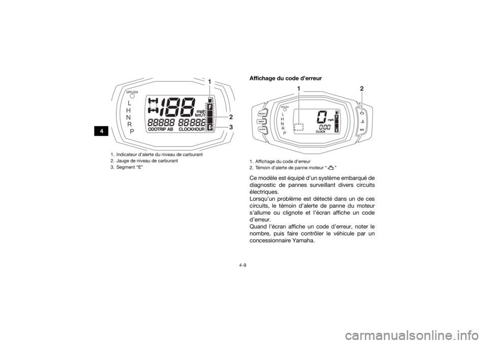 YAMAHA KODIAK 700 2017 Notices Demploi (in French) 4-9
4Affichage du code d’erreur
Ce modèle est équipé d’un système embarqué de
diagnostic de pannes surveillant divers circuits
électriques.
Lorsqu’un problème est détecté dans un de ces YAMAHA KODIAK 700 2017 Notices Demploi (in French) 4-9
4Affichage du code d’erreur
Ce modèle est équipé d’un système embarqué de
diagnostic de pannes surveillant divers circuits
électriques.
Lorsqu’un problème est détecté dans un de ces