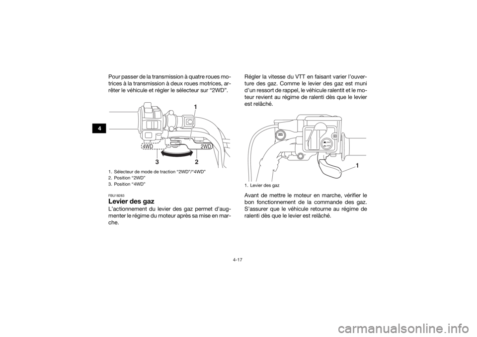 YAMAHA KODIAK 700 2017 Notices Demploi (in French) 4-17
4Pour passer de la transmission à quatre roues mo-
trices à la transmission à deux roues motrices, ar-
rêter le véhicule et régler le sélecteur sur “2WD”.
FBU18283Levier des gazL’act YAMAHA KODIAK 700 2017 Notices Demploi (in French) 4-17
4Pour passer de la transmission à quatre roues mo-
trices à la transmission à deux roues motrices, ar-
rêter le véhicule et régler le sélecteur sur “2WD”.
FBU18283Levier des gazL’act