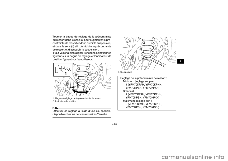 YAMAHA KODIAK 700 2017 Notices Demploi (in French) 4-26
4
Tourner la bague de réglage de la précontrainte
du ressort dans le sens (a) pour augmenter la pré-
contrainte de ressort et donc durcir la suspension,
et dans le sens (b) afin de réduire la YAMAHA KODIAK 700 2017 Notices Demploi (in French) 4-26
4
Tourner la bague de réglage de la précontrainte
du ressort dans le sens (a) pour augmenter la pré-
contrainte de ressort et donc durcir la suspension,
et dans le sens (b) afin de réduire la