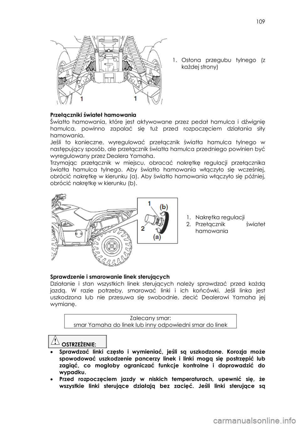 YAMAHA KODIAK 700 2015  Instrukcja obsługi (in Polish)  109 
 
 
 
 
1. Osłona  przegubu  tylnego (z 
każdej strony) 
 
 
Przełączniki świateł hamowania 
Światło hamowania,  które  jest  aktywowane przez  pedał  hamulca  i  dźwignię 
hamulca, 