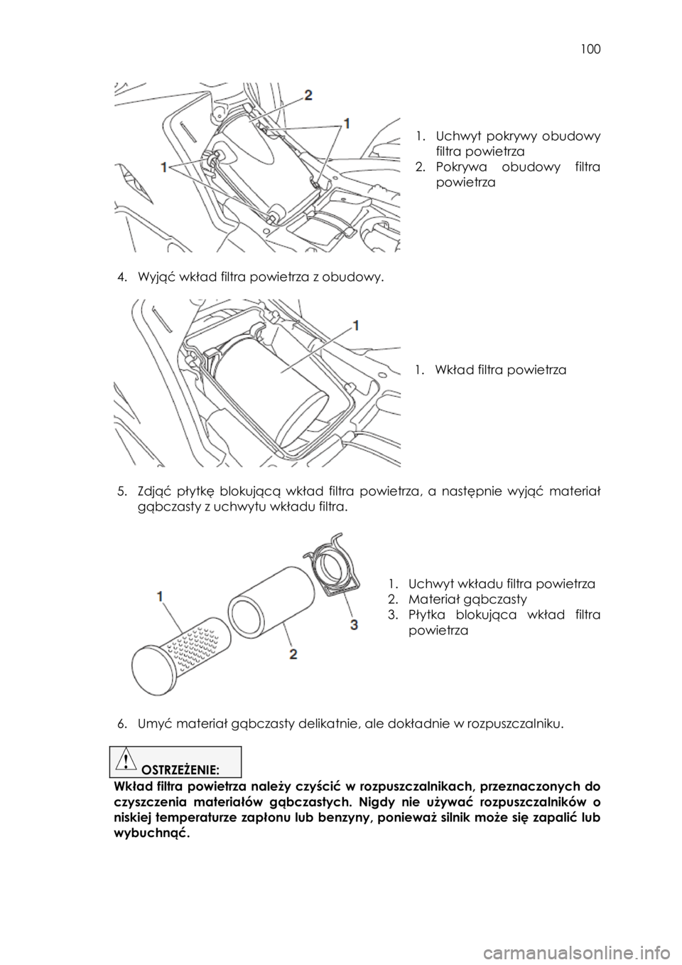 YAMAHA KODIAK 700 2015  Instrukcja obsługi (in Polish)  100 
 
 
 
 
1. Uchwyt  pokrywy obudowy 
filtra powietrza 
2. Pokrywa  obudowy  filtra 
powietrza 
 
 
4. Wyjąć wkład filtra powietrza z obudowy. 
 
 
 
 
 
 
1. Wkład filtra powietrza 
 
 
5. Zd