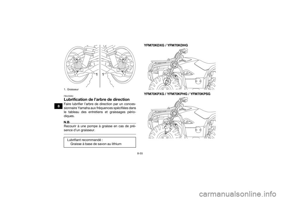 YAMAHA KODIAK 700 2016  Notices Demploi (in French) 8-55
8
FBU25094Lubrification de l’arbre de directionFaire lubrifier l’arbre de direction par un conces-
sionnaire Yamaha aux fréquences spécifiées dans
le tableau des entretiens et graissages p