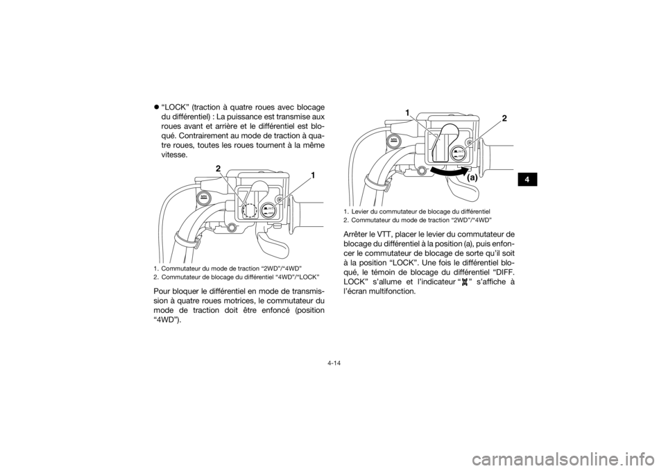 YAMAHA KODIAK 700 2016  Notices Demploi (in French) 4-14
4

“LOCK” (traction à quatre roues avec blocage
du différentiel) : La puissance est transmise aux
roues avant et arrière et le différentiel est blo-
qué. Contrairement au mode de trac