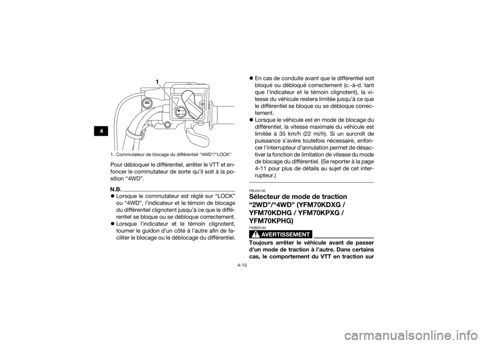 YAMAHA KODIAK 700 2016  Notices Demploi (in French) 4-15
4Pour débloquer le différentiel, arrêter le VTT et en-
foncer le commutateur de sorte qu’il soit à la po-
sition “4WD”.
N.B.Lorsque le commutateur est réglé sur “LOCK”
ou “4W