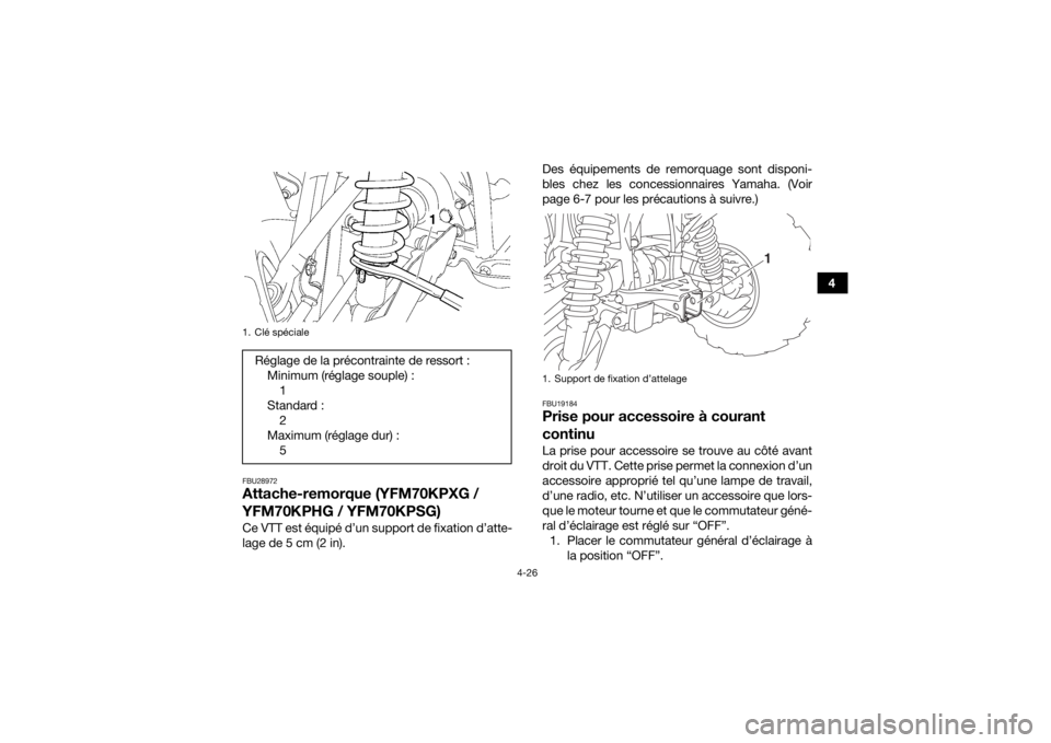 YAMAHA KODIAK 700 2016 Notices Demploi (in French) 4-26
4
FBU28972Attache-remorque (YFM70KPXG /
YFM70KPHG / YFM70KPSG)Ce VTT est équipé d’un support de fixation d’atte-
lage de 5 cm (2 in).Des équipements de remorquage sont disponi-
bles chez YAMAHA KODIAK 700 2016 Notices Demploi (in French) 4-26
4
FBU28972Attache-remorque (YFM70KPXG /
YFM70KPHG / YFM70KPSG)Ce VTT est équipé d’un support de fixation d’atte-
lage de 5 cm (2 in).Des équipements de remorquage sont disponi-
bles chez