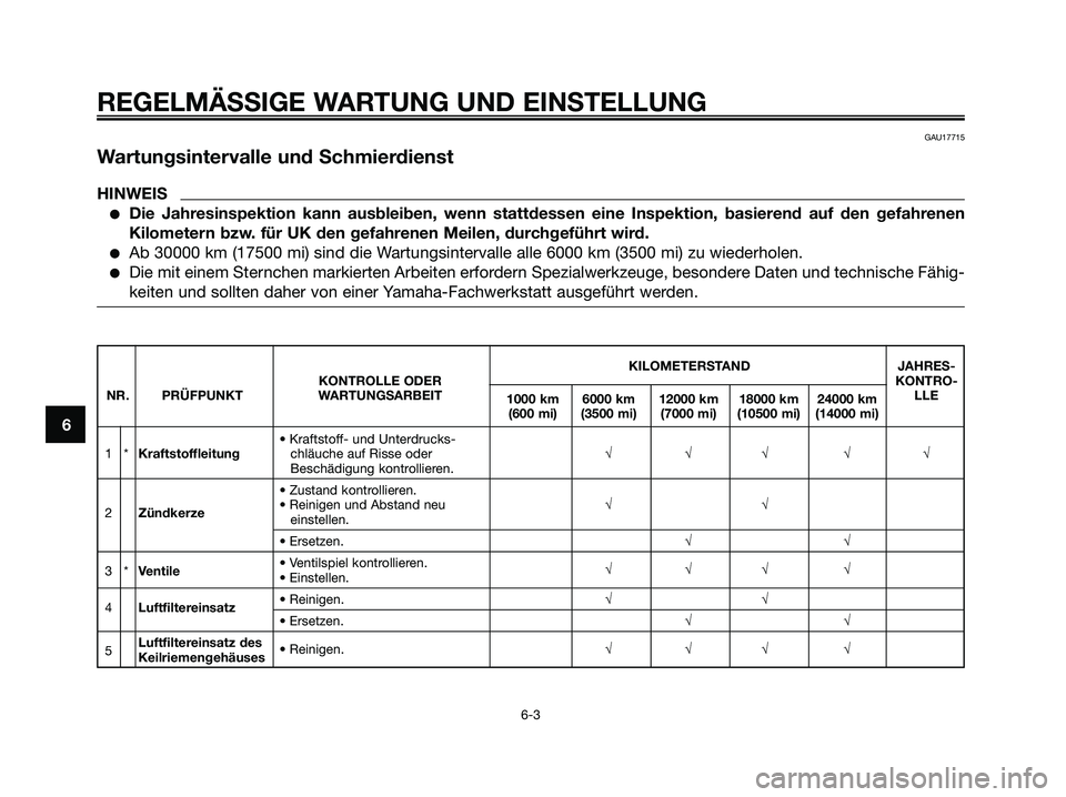 YAMAHA MAJESTY 125 2009  Betriebsanleitungen (in German) REGELMÄSSIGE WARTUNG UND EINSTELLUNG
6-3
6
GAU17715
Wartungsintervalle und Schmierdienst
HINWEIS
●Die Jahresinspektion kann ausbleiben, wenn stattdessen eine Inspektion, basierend auf den gefahrene