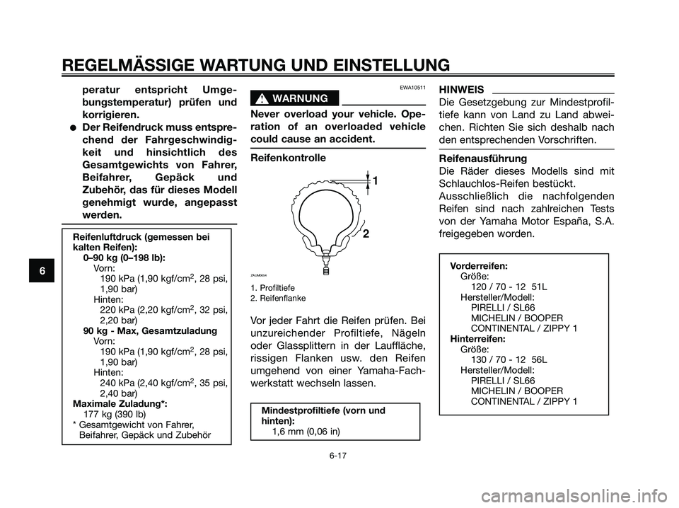 YAMAHA MAJESTY 125 2009  Betriebsanleitungen (in German) peratur entspricht Umge-
bungstemperatur) prüfen und
korrigieren.
●Der Reifendruck muss entspre-
chend der Fahrgeschwindig-
keit und hinsichtlich des
Gesamtgewichts von Fahrer,
Beifahrer, Gepäck u